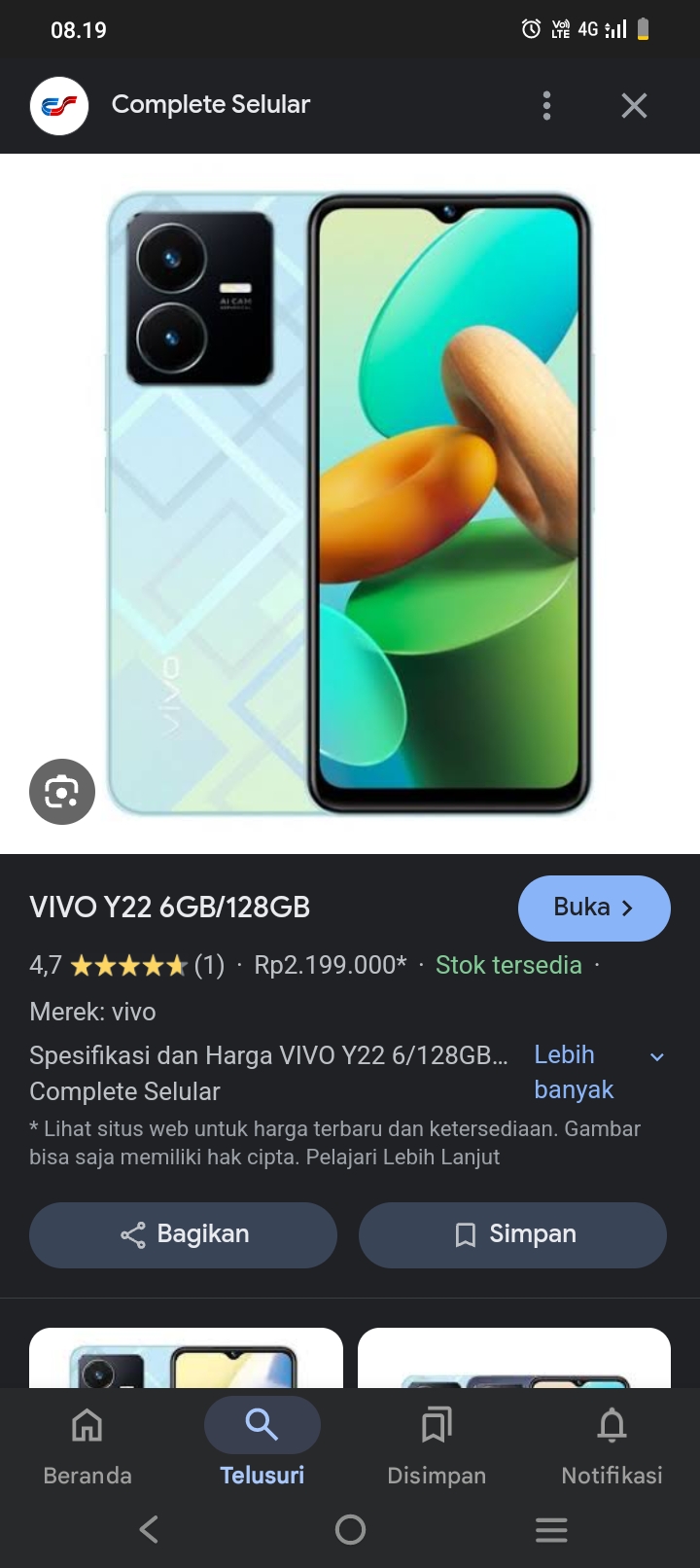 Foto laporan Hp vivo y22 warna biru muda casing warna hitam polos ada kacanya dibelakang (HB2740)