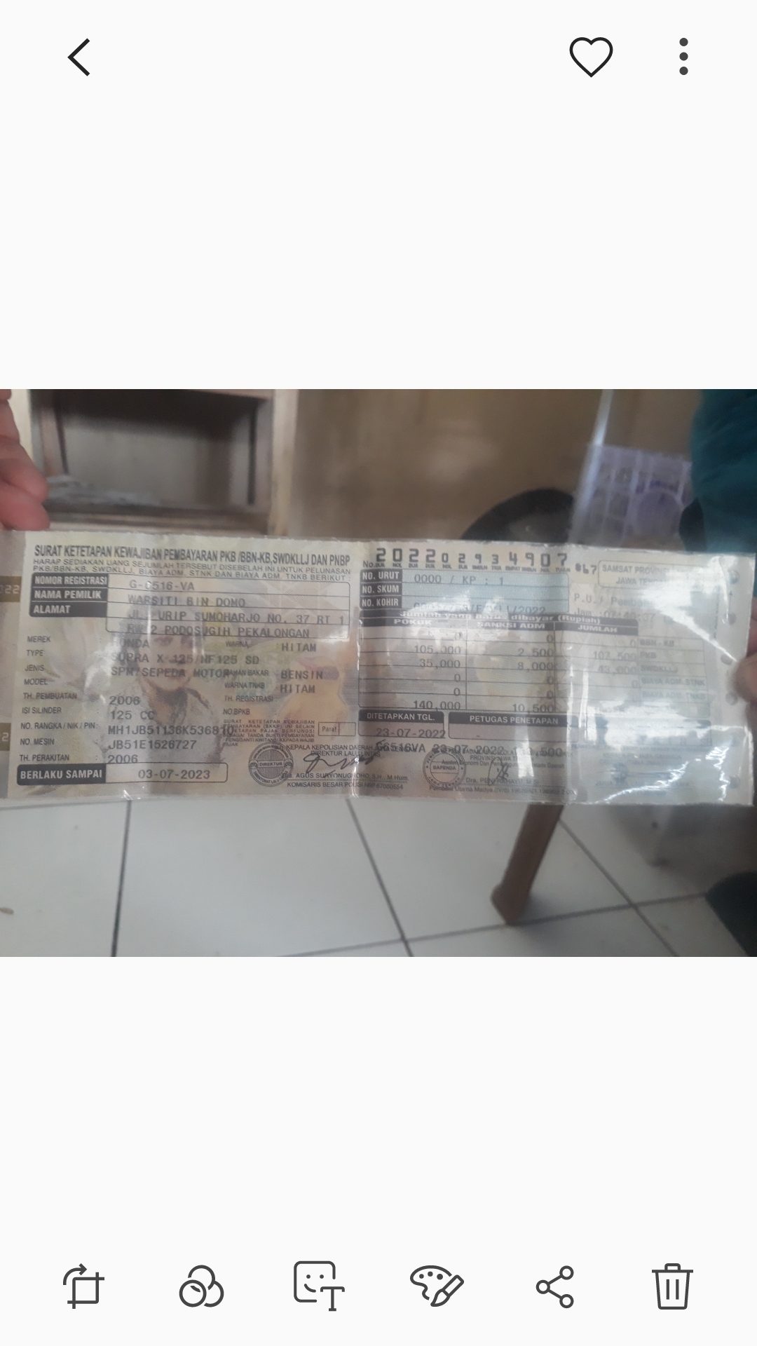Foto laporan STNK (HB3704)