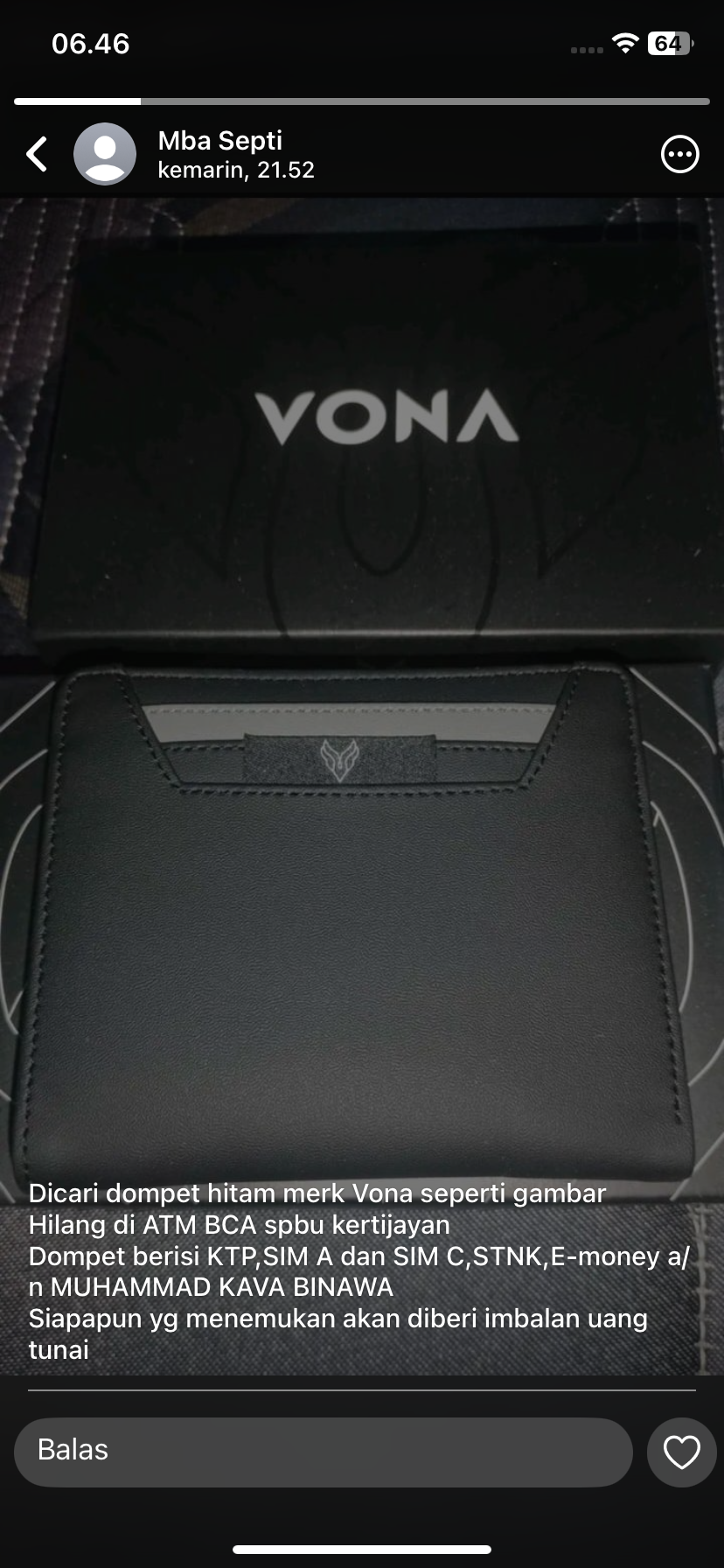 Foto laporan Dompet hitam (HB4056)