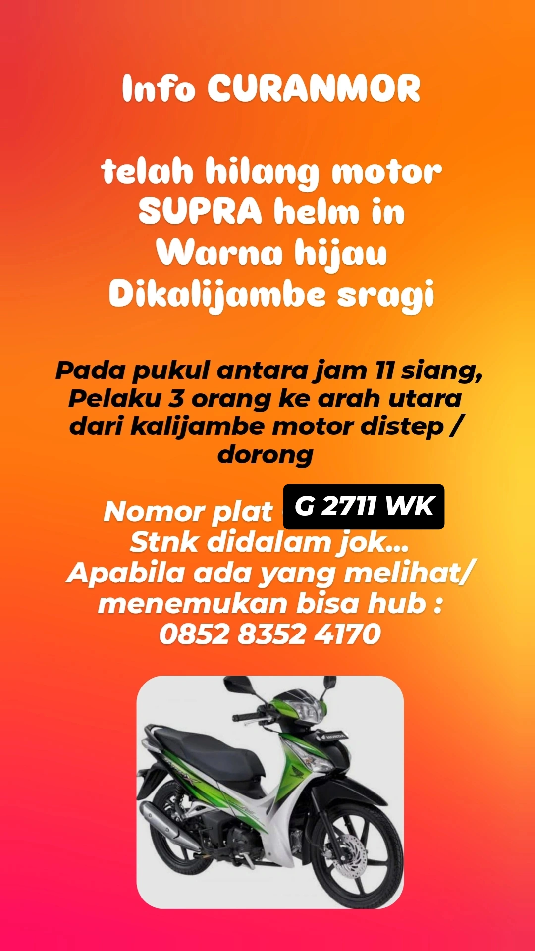 Foto laporan SUPRA helm in 2011 warna HIJAU G 2711 WK (HB4082)