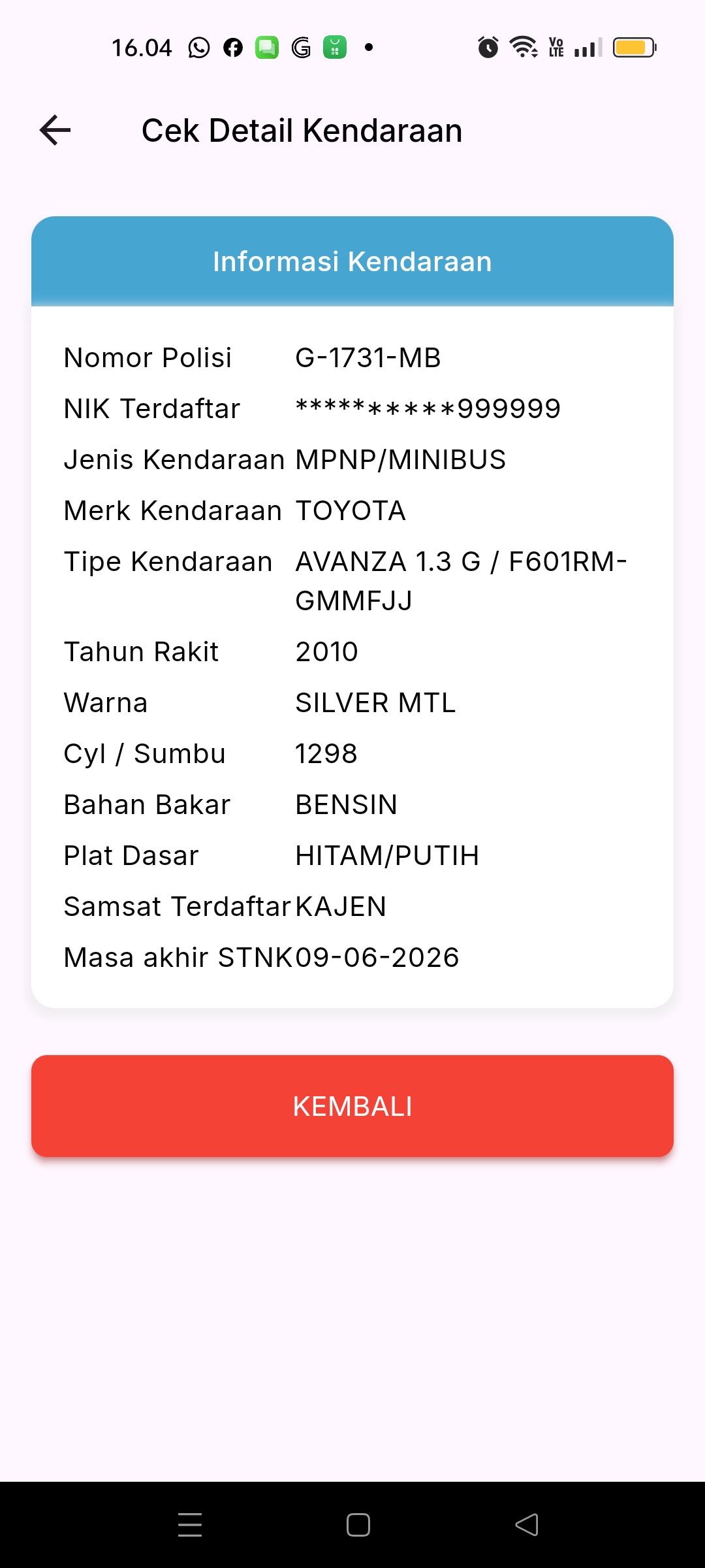 Foto laporan Stnk mobil Avanza G 1731 MB (HB4357)