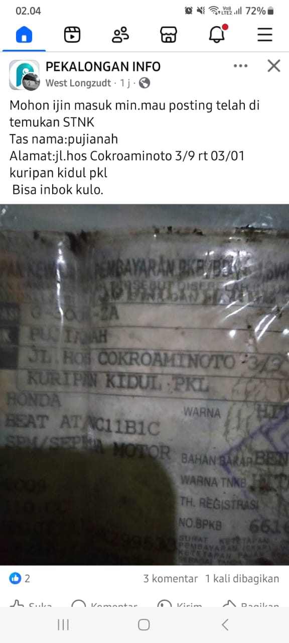 Foto laporan STNK Motor Beat G3006ZA (HB4362)