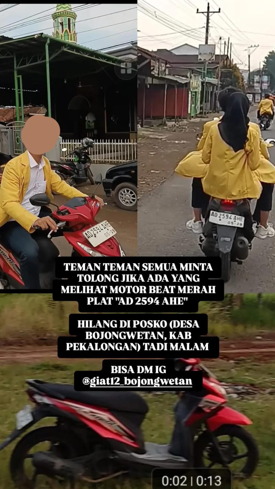 Foto laporan Motor Beat warna merah plat AD 2594 AHE (HB4648)