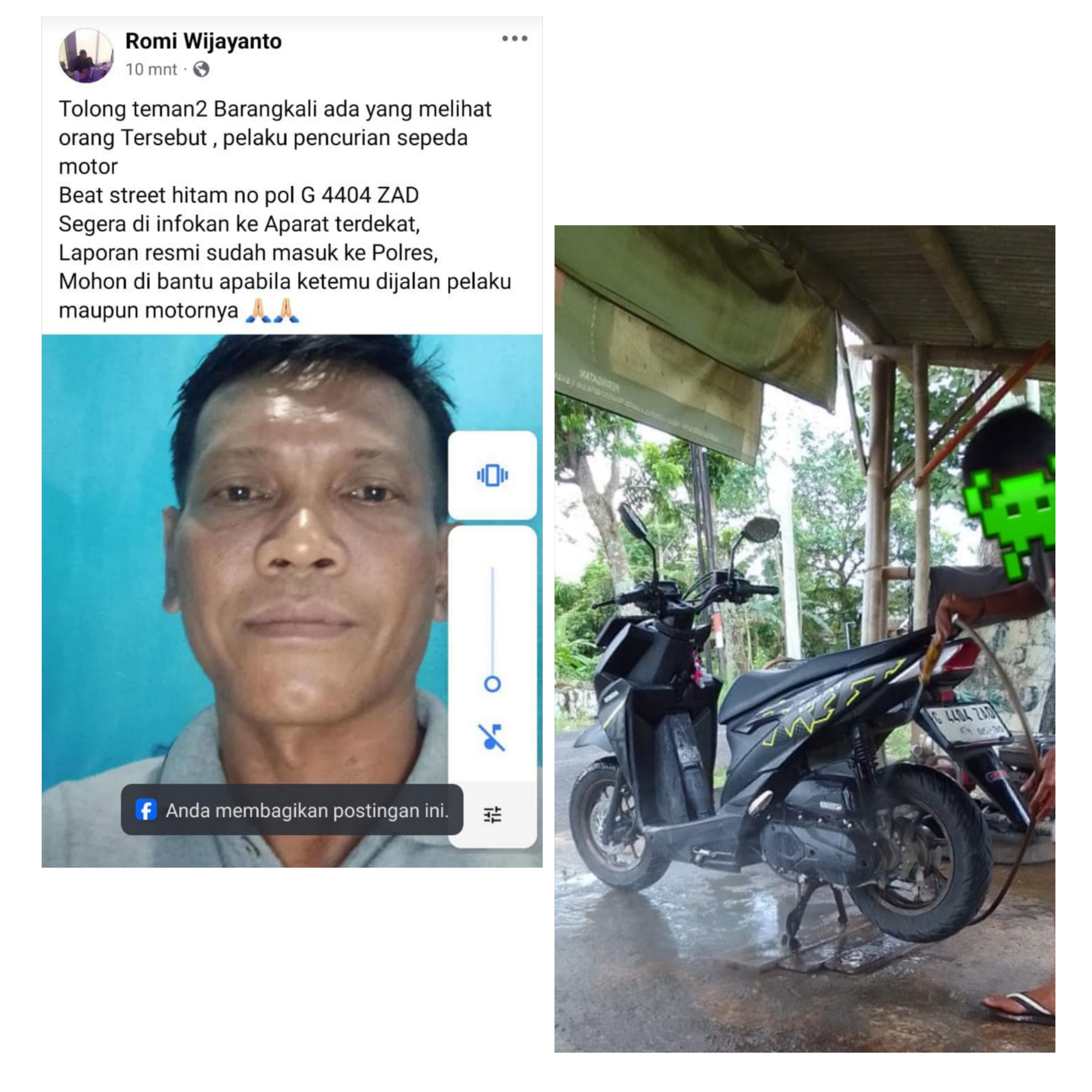 Foto laporan MOTOR BEAT STREET WARNA HITAM HIJAU PLAT NOMOR (G 4404 ZAD) (HB5476)