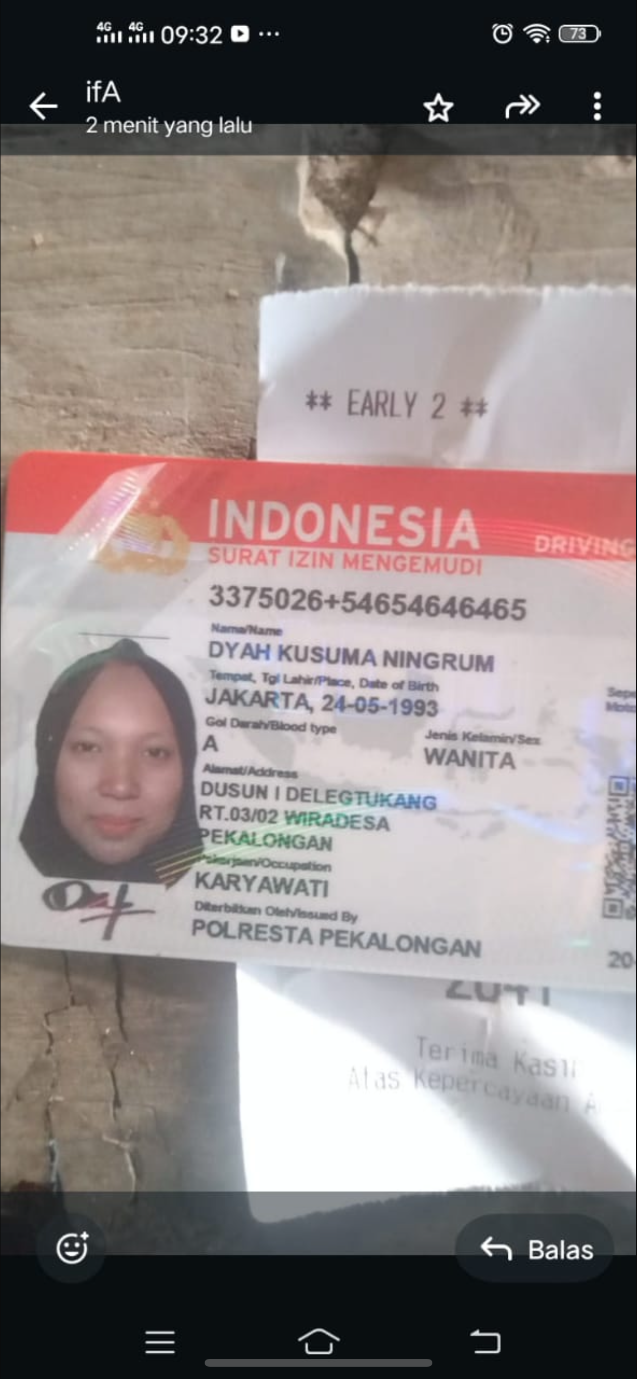 Foto laporan SIM atas nama Dyah Kusuma Ningrum (HB5493)