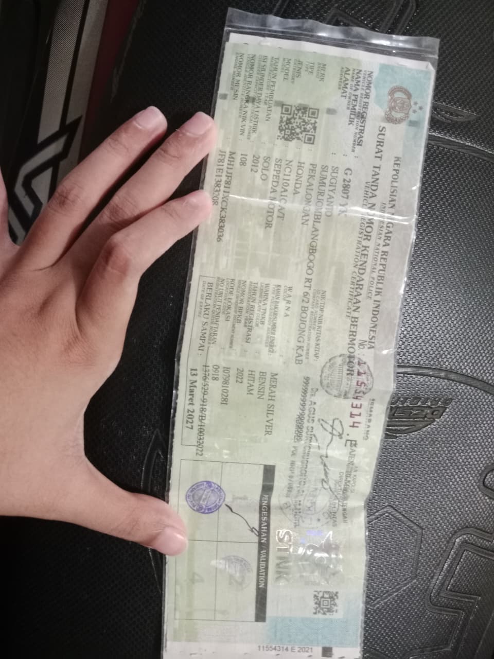 Foto laporan STNK nopol G 2807 YK (HB6480)
