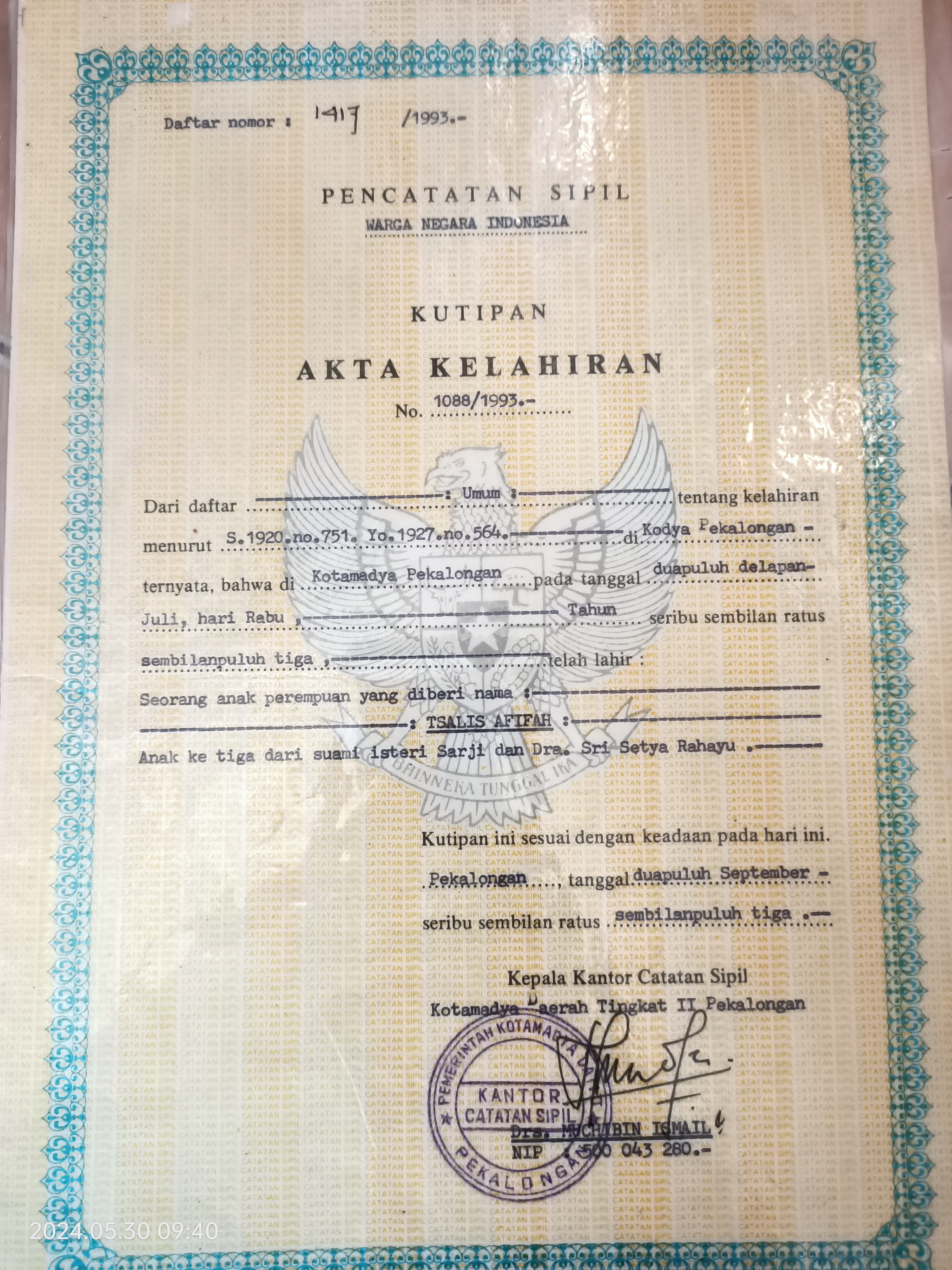 Foto laporan Akte Kelahiran Asli (TB0110)