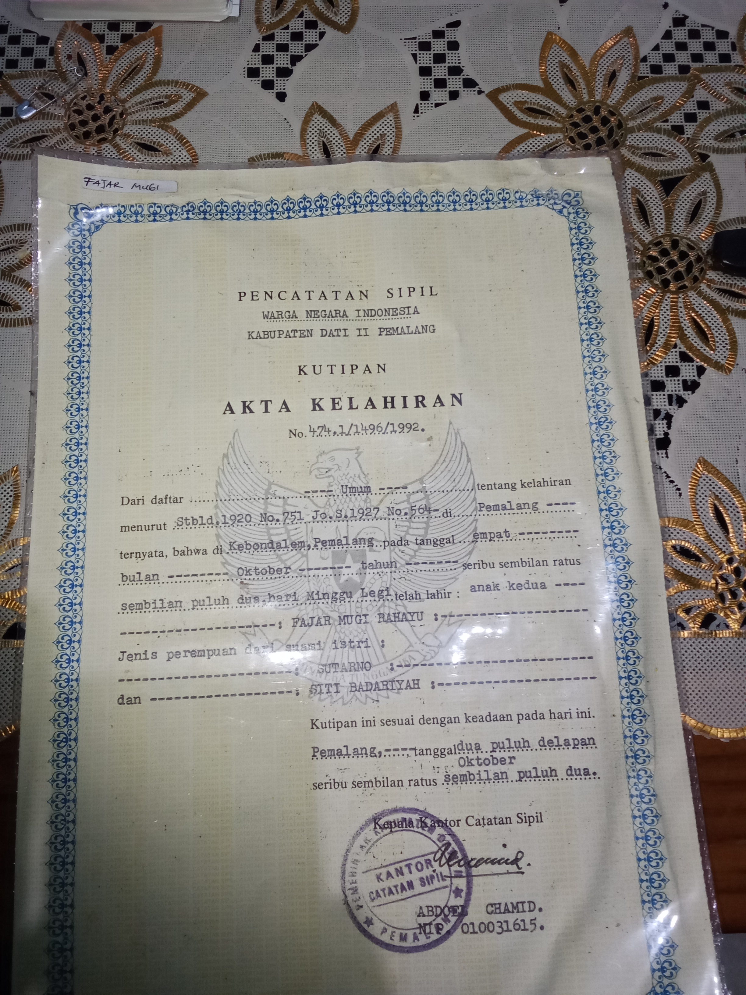 Foto laporan akta kelahiran (TB0190)