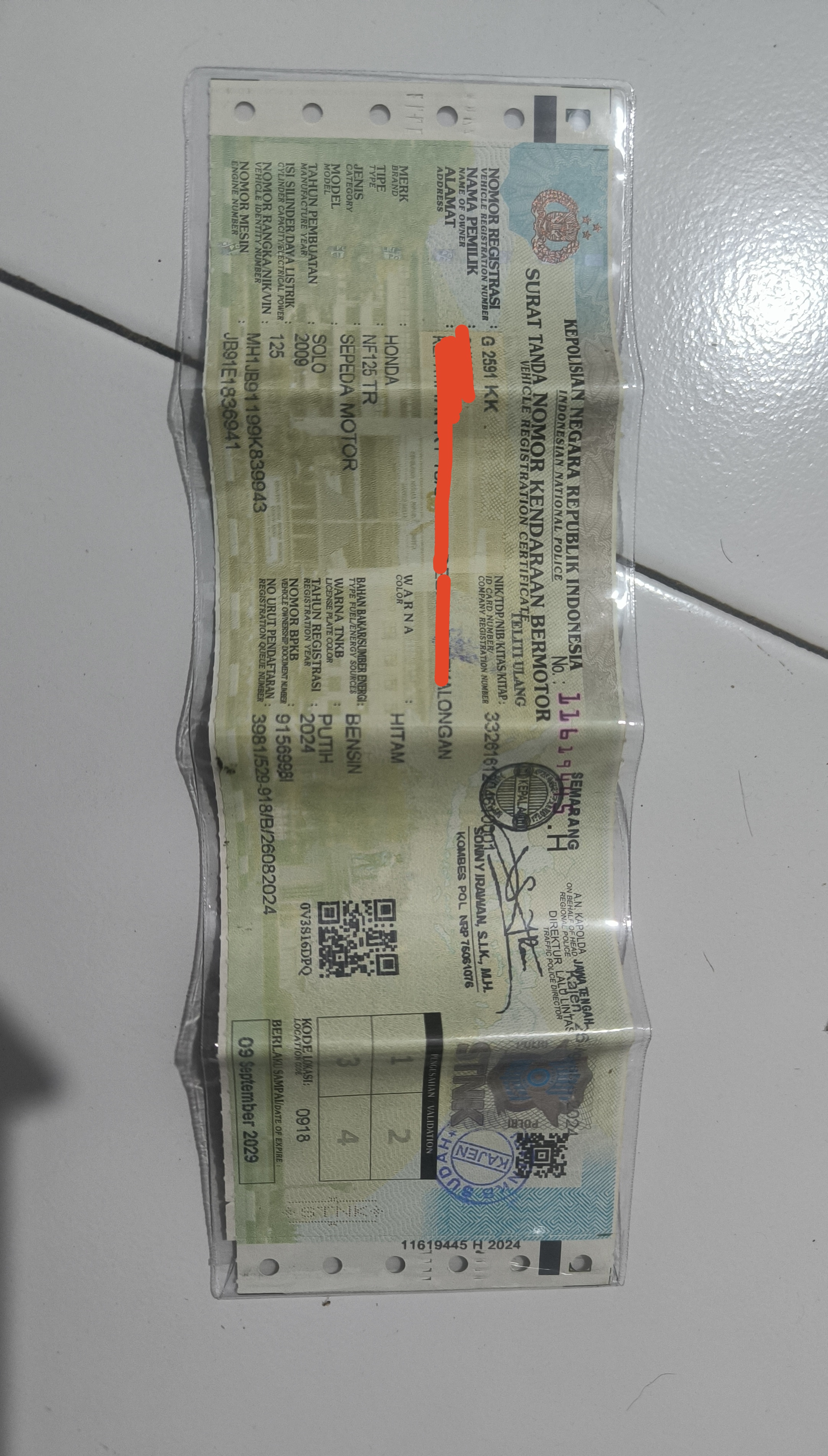 Foto laporan STNK MOTOR G 2591 KK (TB0695)