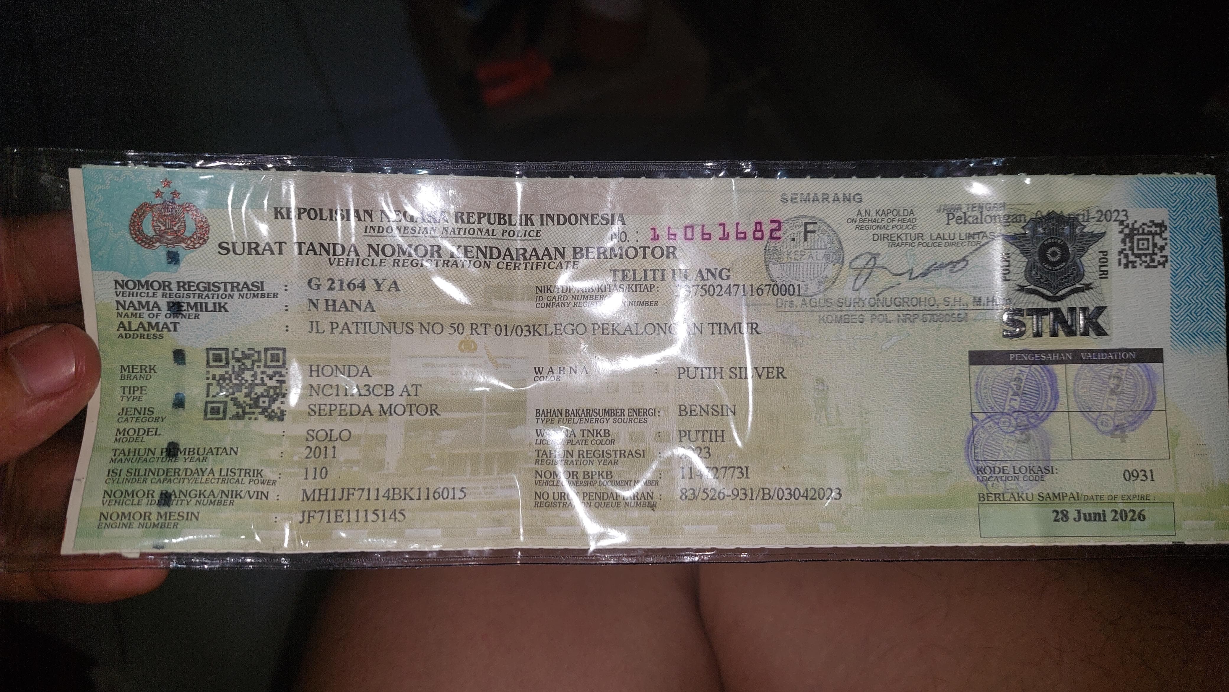 Foto laporan STNK Motor (TB0786)
