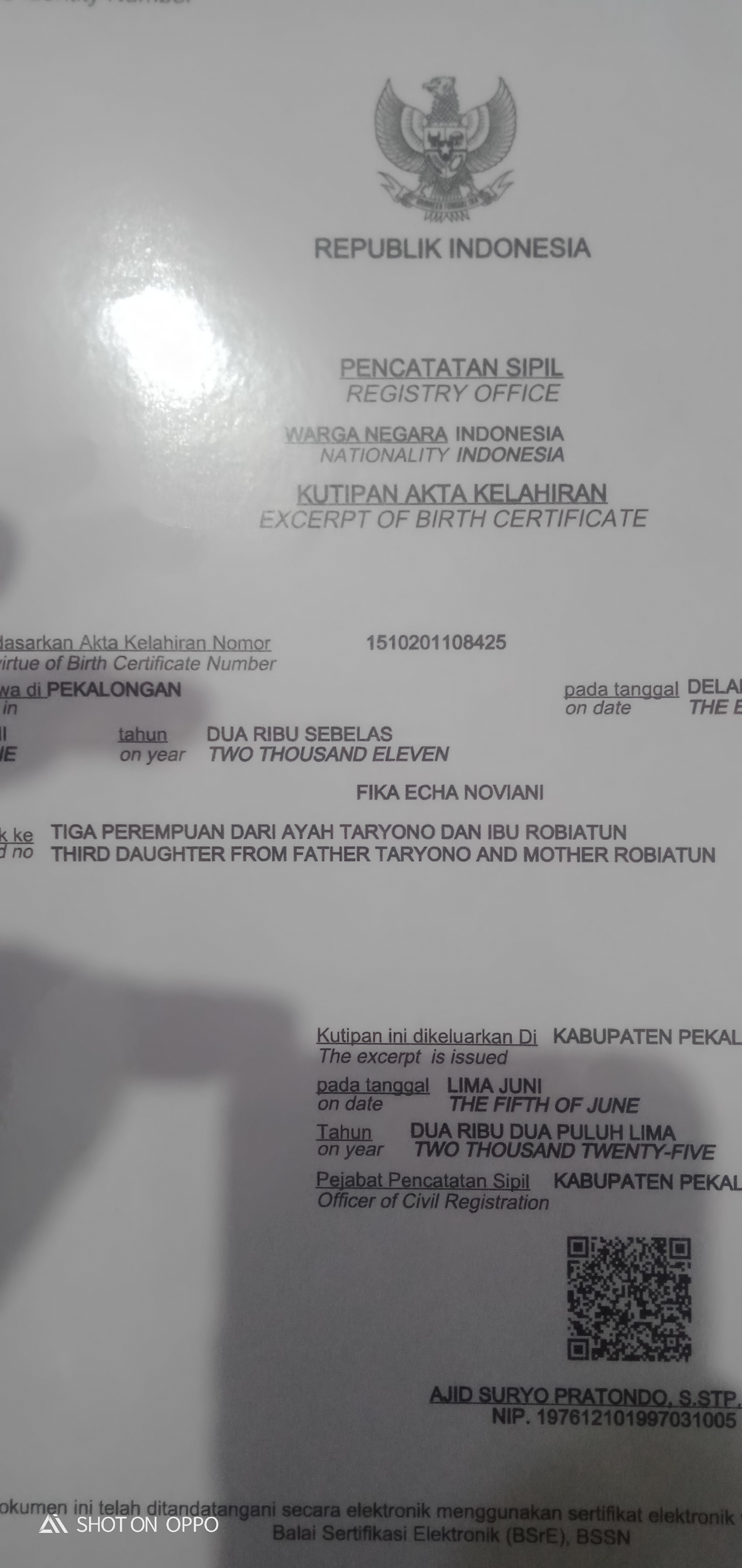 Foto laporan Akte kelahiran (TB0841)