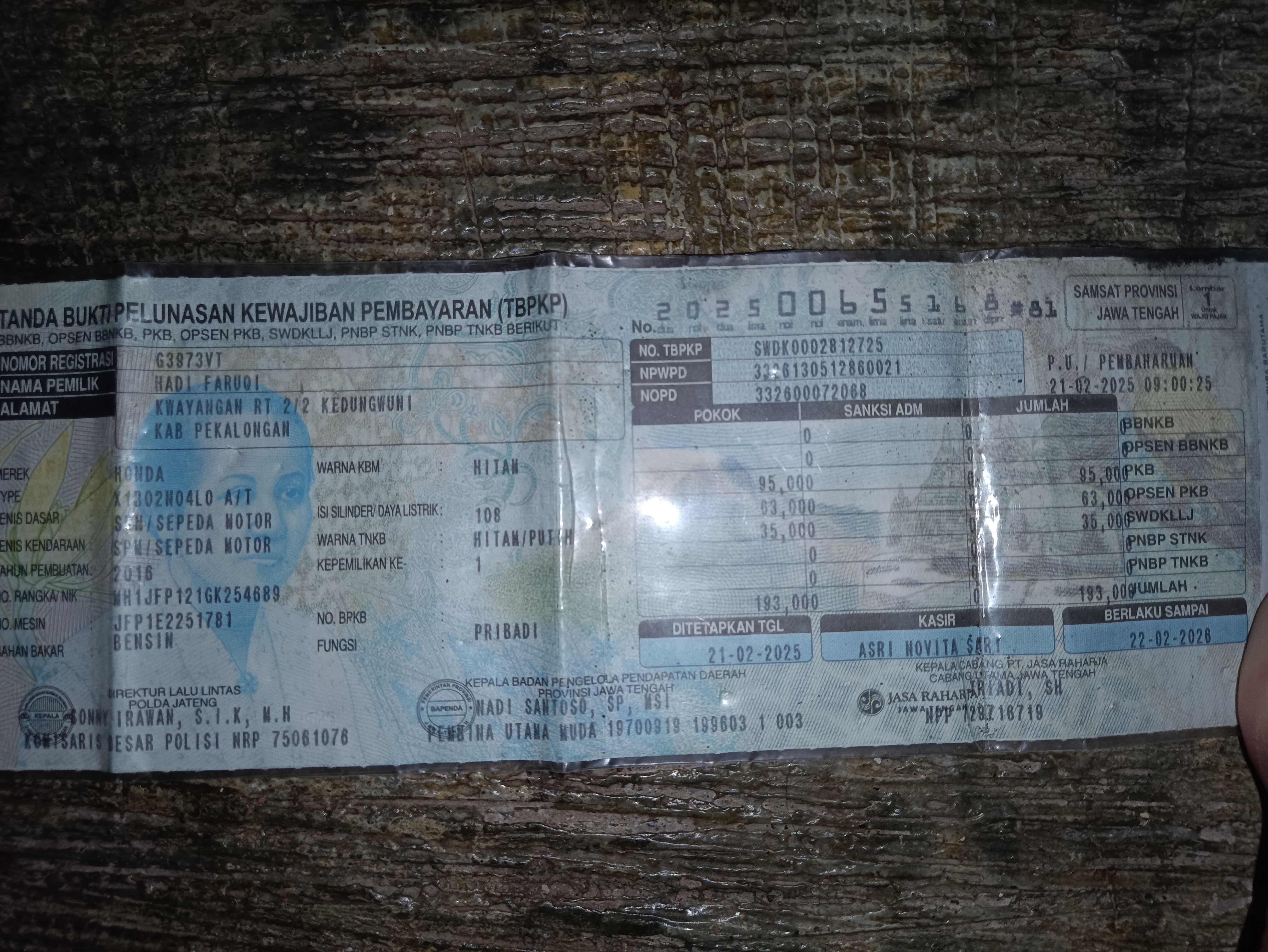 Foto laporan STNK MOTOR HONDA plat G 3973 VT (TB0913)