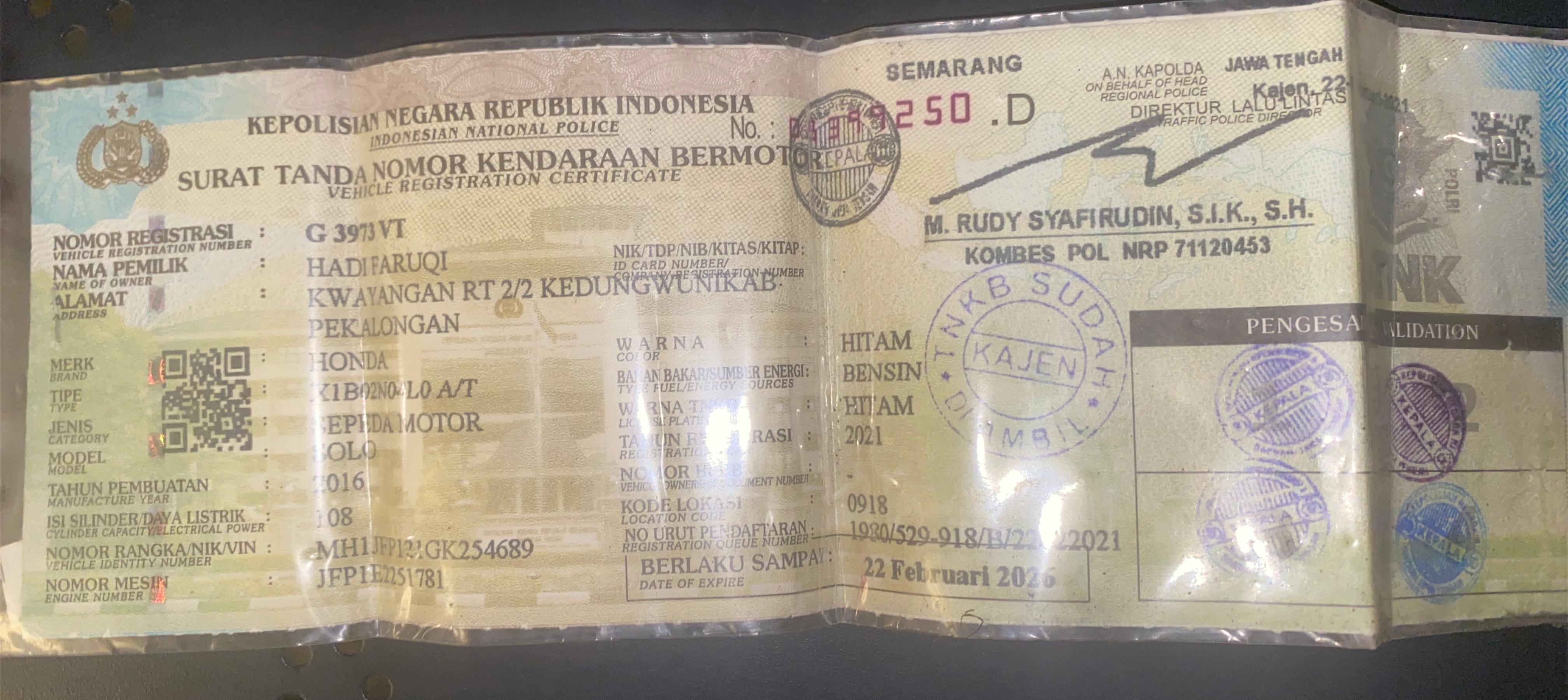 Foto laporan STNK MOTOR (G 3973 VT) atas nama HADI FARUQI (TB0917)