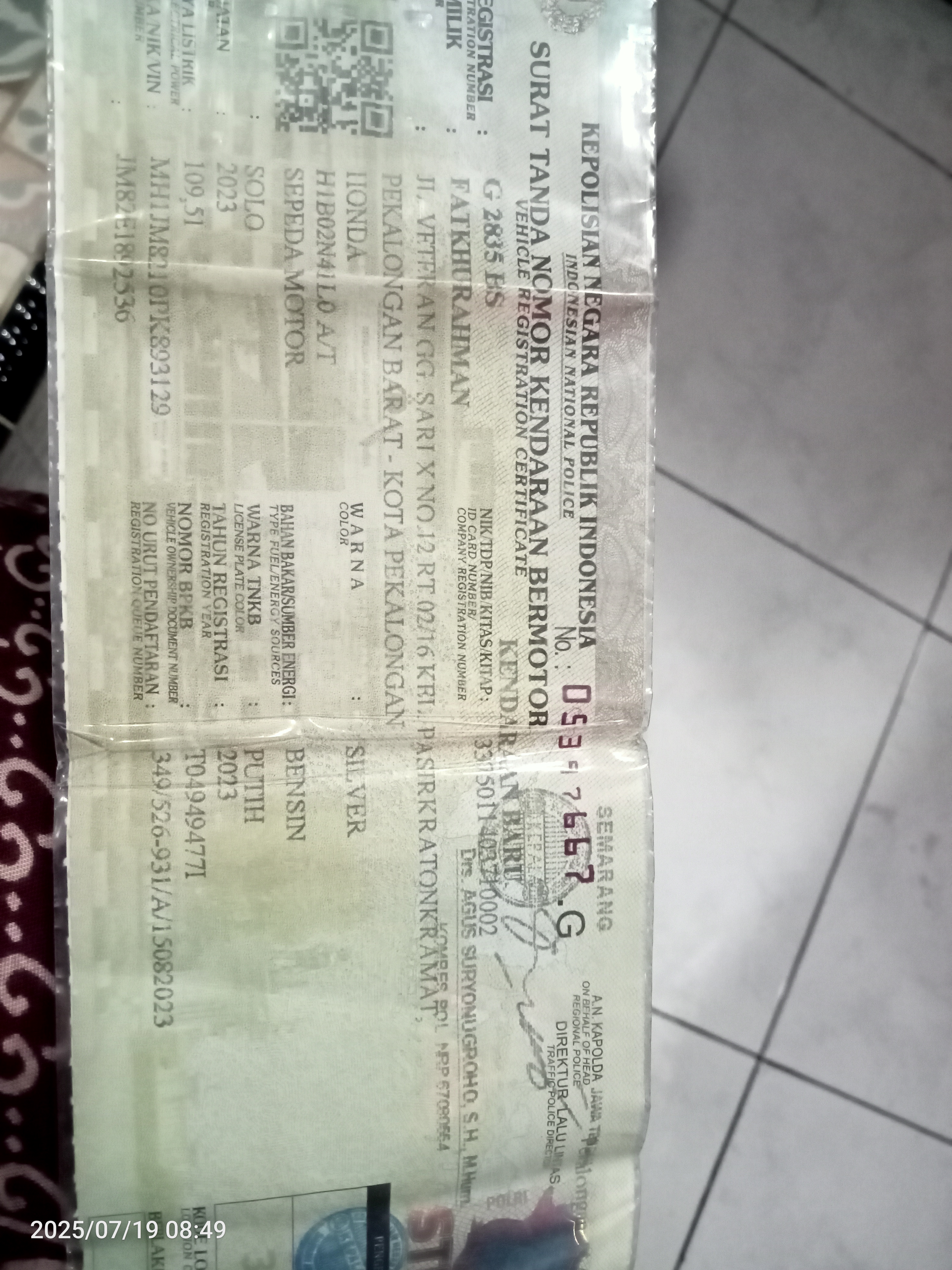 Foto laporan STNK motor beat (TB0930)