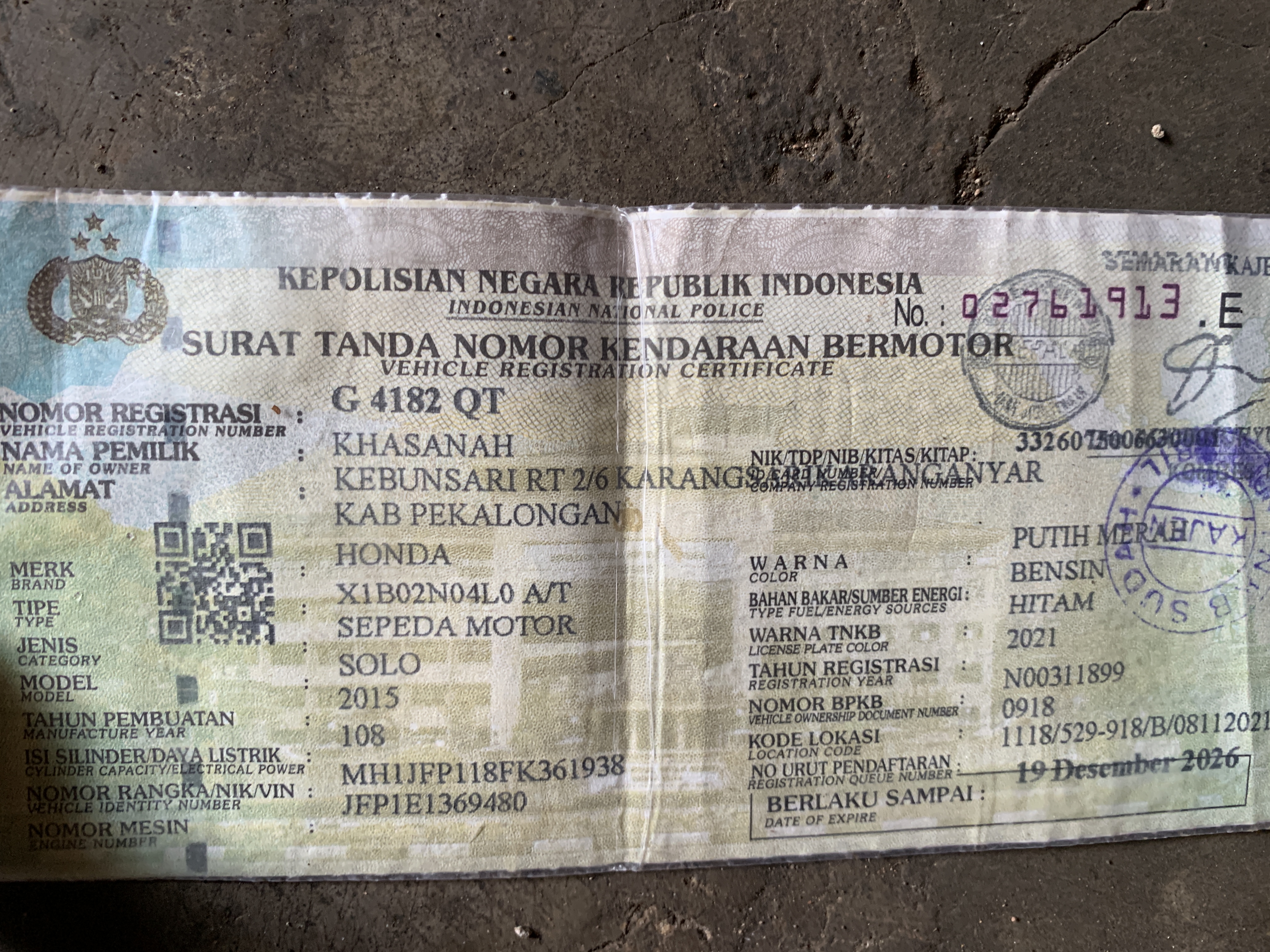 Foto laporan STNK Sepeda Motor (TB0996)