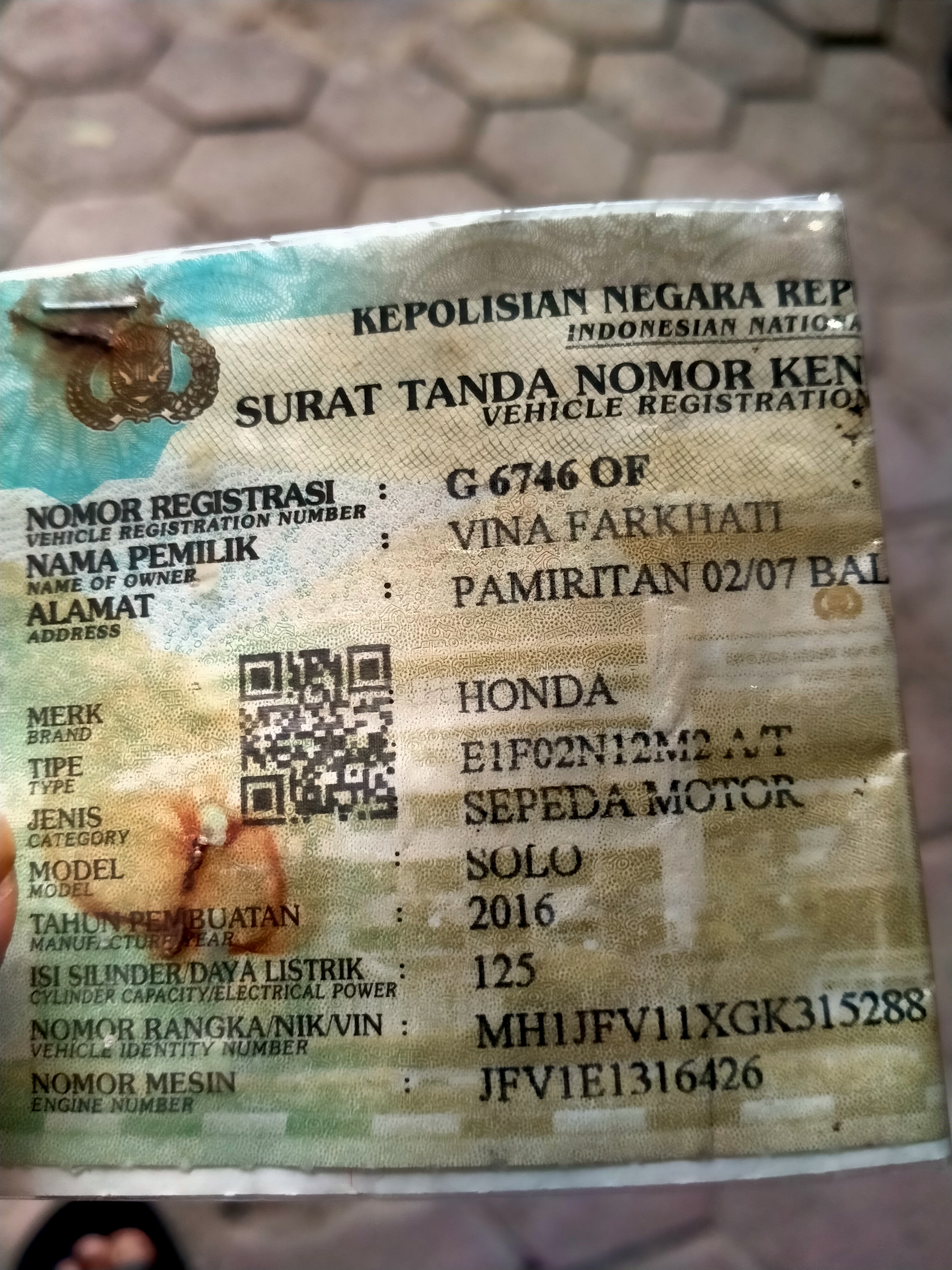 Foto laporan STNK Motor Honda (TB1064)