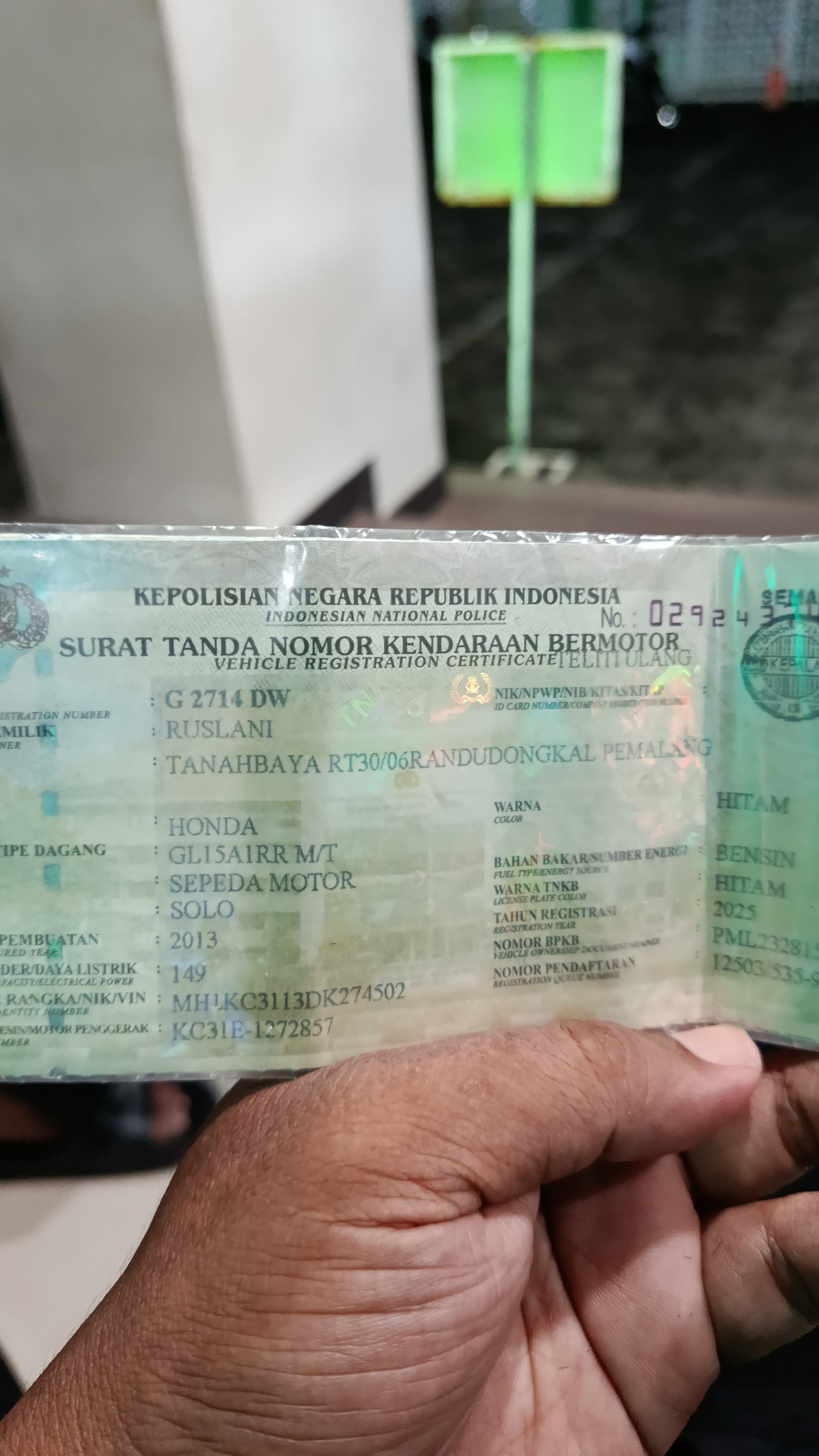 Foto laporan STNK motor (TB1121)